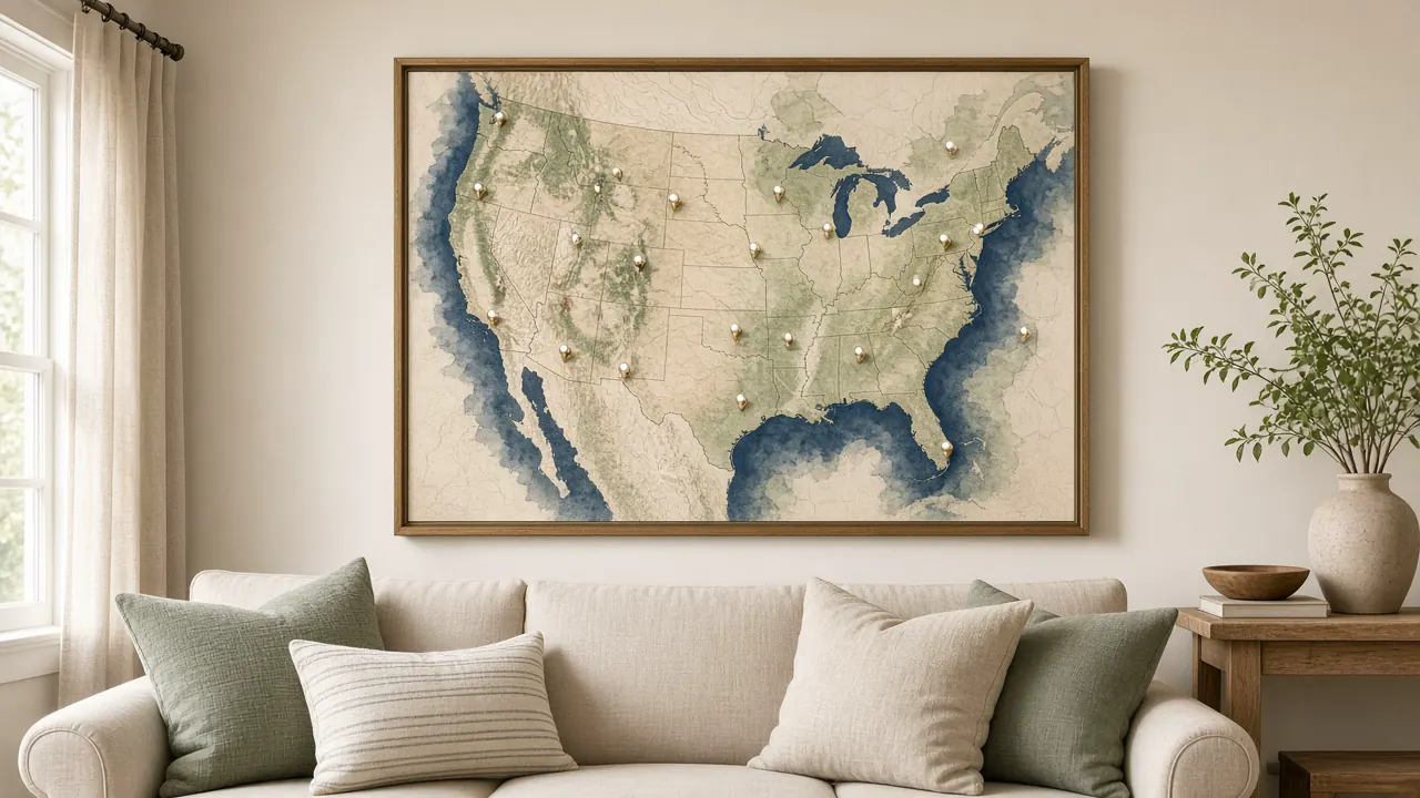 Framed United States map with brass pins above a linen sofa in a sunlit living room