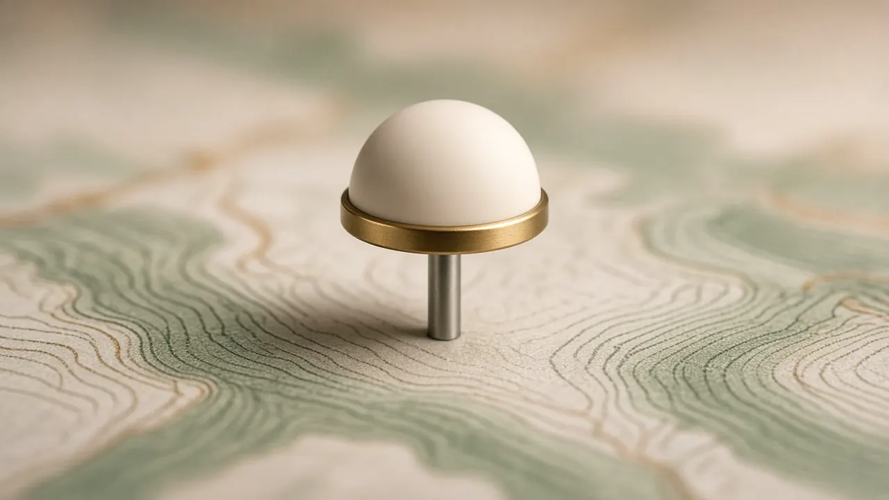 Brass map pin with a printed code, held above a paper map on a wooden table
